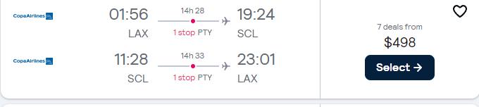 Cheap flights from Los Angeles to Santiago, Chile for only $498 roundtrip with Copa Airlines. Flight deal ticket image.