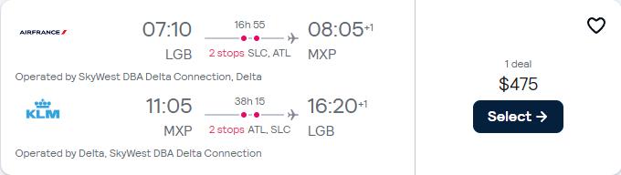 Click here to book this cheap flight deal. Cheap flights from Long Beach, California to Milan, Italy for only $475 roundtrip with Delta Air Lines. Flight deal ticket image.