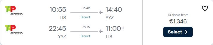 Business Class flights from Lisbon, Portugal to Toronto, Canada for only €1346 roundtrip with TAP Air Portugal. Flight deal ticket image.