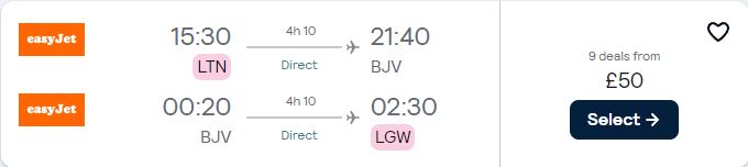 Non-stop, summer flights from London, UK to Bodrum, Turkey for only £50 roundtrip. Flight deal ticket image.
