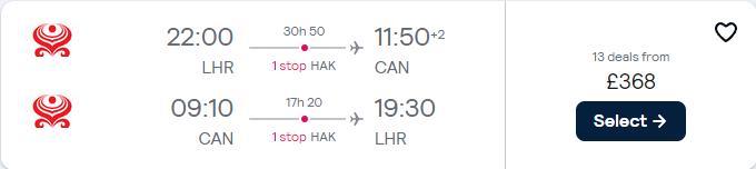 Cheap flights from London, UK to Guangzhou, China for only £368 roundtrip with Hainan Airlines. Flight deal ticket image.