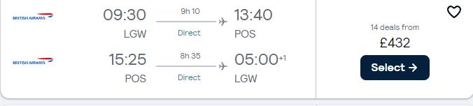 Non-stop flights from London, UK to Trinidad for only £432 roundtrip with British Airways. Flight deal ticket image.