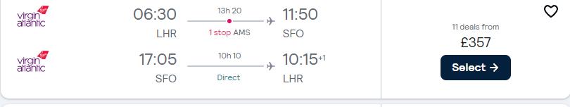 Cheap flights from London, UK to San Francisco, USA for only £357 roundtrip with KLM and Virgin Atlantic. Flight deal ticket image.