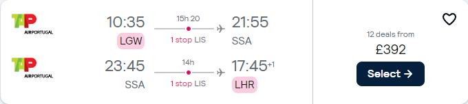Cheap flights from London, UK to Salvador or Recife, Brazil from only £392 roundtrip with TAP Air Portugal. Flight deal ticket image.