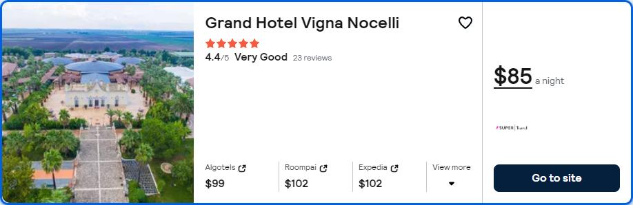 Click here to book this cheap flight deal. Stay at the 5* Grand Hotel Vigna Nocelli in Lucera, Italy for only $85 USD per night. Flight deal ticket image.