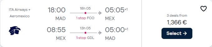 Click here to book this cheap flight deal. Business Class, Christmas flights from Madrid, Spain to Mexico City, Mexico for only €1366 roundtrip with Aeromexico. Flight deal ticket image.