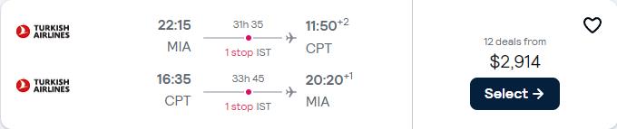 Business Class flights from Miami to Cape Town, South Africa for only $2914 roundtrip with Turkish Airlines. Flight deal ticket image.