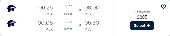 Non-stop, summer flights from Miami to Mexico City, Mexico for only $285 roundtrip with Aeromexico. Flight deal ticket image.