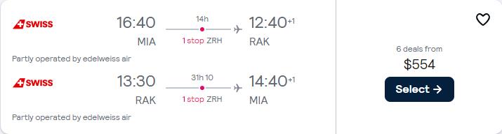 Cheap flights from Miami to Marrakesh, Morocco for only $554 roundtrip with Swiss International Air Lines. Flight deal ticket image.