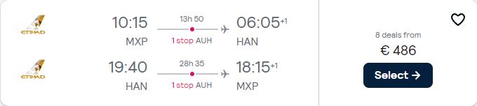 Cheap flights from Milan or Rome, Italy to Hanoi, Vietnam from only €486 roundtrip with Etihad Airways. Flight deal ticket image.