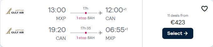 Cheap flights from Milan or Rome, Italy to Guangzhou, China from only €423 roundtrip. Flight deal ticket image.