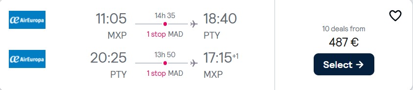 Click here to book this cheap flight deal. Cheap flights from Milan, Italy to Panama City, Panama for only €487 roundtrip with Air Europa. Flight deal ticket image.
