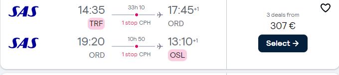 Click here to book this cheap flight deal. Christmas flights from Scandinavian cities to US cities from only €300 roundtrip with Scandinavian Airlines. Flight deal ticket image.