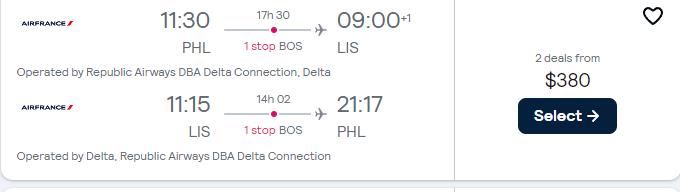 Cheap flights from Philadelphia to Lisbon, Portugal for only $380 roundtrip with Delta Air Lines. Flight deal ticket image.