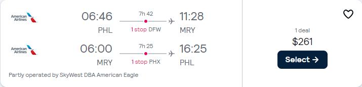 Click here to book this cheap flight deal. Summer flights from Philadelphia to Monterrey, Mexico for only $261 roundtrip with American Airlines. Flight deal ticket image.