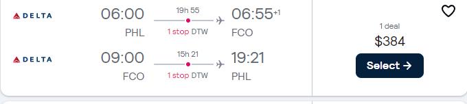 Click here to book this cheap flight deal. Cheap flights from Philadelphia to Rome, Italy for only $384 roundtrip with Delta Air Lines. Flight deal ticket image.