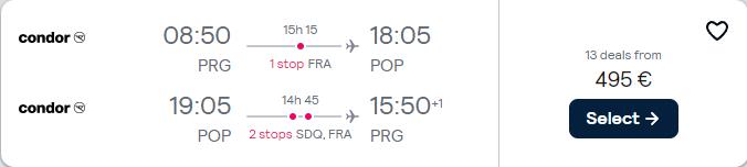 Cheap flights from Prague, Czech Republic to the Dominican Republic for only €495 roundtrip. Flight deal ticket image.