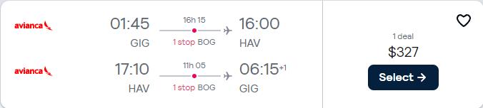 Cheap flights from Rio de Janeiro, Brazil to Havana, Cuba for only $327 USD roundtrip with Avianca. Flight deal ticket image.