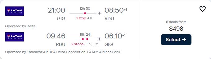 Cheap flights from Rio de Janeiro, Brazil to Raleigh, North Carolina for only $498 USD roundtrip with Delta Air Lines and LATAM Airlines. Flight deal ticket image.