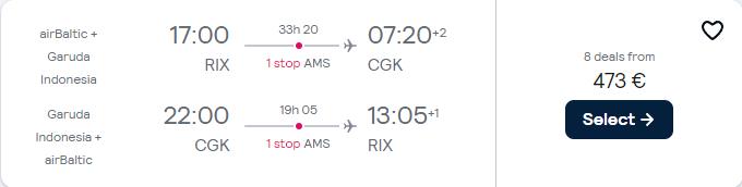 Click here to book this cheap flight deal. Cheap flights from Riga, Latvia to Jakarta, Indonesia for only €472 roundtrip with Garuda Indonesia. Flight deal ticket image.