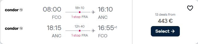 Click here to book this cheap flight deal. Cheap flights from European cities to Anchorage, Alaska from only €443 roundtrip. Flight deal ticket image.