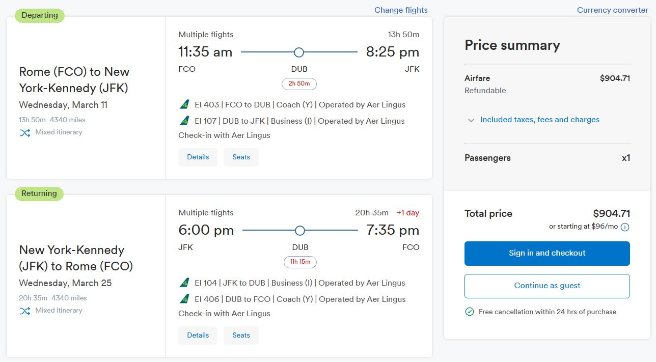 Business Class flights from European cities to US cities from only €801 roundtrip with Aer Lingus. Flight deal ticket image.