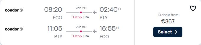 Click here to book this cheap flight deal. Cheap flights from Rome, Italy to Panama City, Panama for only €367 roundtrip. Flight deal ticket image.