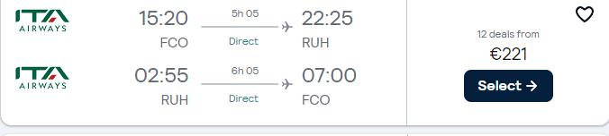 Non-stop flights from Rome, Italy to Riyadh, Saudi Arabia for only €221 roundtrip. Flight deal ticket image.