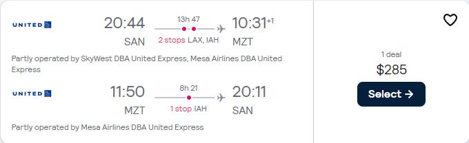 Click here to book this cheap flight deal. Summer flights from San Diego to Mazatlan, Mexico for only $285 roundtrip with United Airlines. Flight deal ticket image.