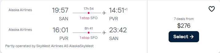 Click here to book this cheap flight deal. Summer flights from San Diego to Puerto Vallarta, Mexico for only $276 roundtrip with Alaska Airlines. Flight deal ticket image.