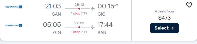 Summer flights from San Diego to Rio de Janeiro, Brazil for only $473 roundtrip with Copa Airlines. Flight deal ticket image.