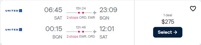 Summer flights from San Antonio, Texas to Aguadilla, Puerto Rico for only $275 roundtrip with United Airlines. Flight deal ticket image.