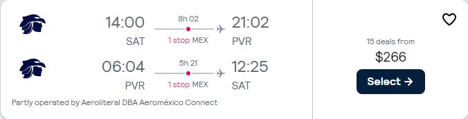 Click here to book this cheap flight deal. Summer flights from San Antonio, Texas to Puerto Vallarta, Mexico for only $266 roundtrip with Aeromexico. Flight deal ticket image.