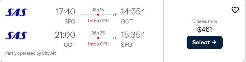 Cheap flights from San Francisco to Gothenburg, Sweden for only $461 roundtrip with Scandinavian Airlines. Flight deal ticket image.