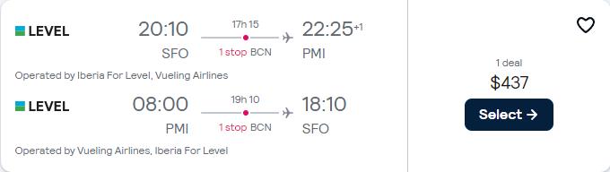 Cheap flights from San Francisco to Palma de Mallorca, Spain for only $437 roundtrip. Flight deal ticket image.