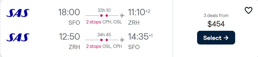 Click here to book this cheap flight deal. Cheap flights from San Francisco to Zurich, Switzerland for only $454 roundtrip with Scandinavian Airlines. Flight deal ticket image.