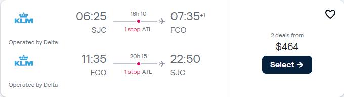 Summer and New Year flights from San Jose, California to Rome, Italy for only $464 roundtrip with Delta Air Lines. Flight deal ticket image.