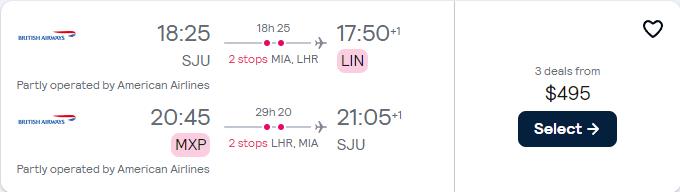 Click here to book this cheap flight deal. Cheap flights from San Juan, Puerto Rico to Milan, Italy for only $495 USD roundtrip with American Airlines and British Airways. Flight deal ticket image.