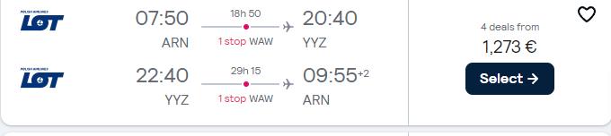 Business Class flights from Stockholm, Sweden to Toronto, Canada for only €1273 roundtrip with LOT Polish Airlines. Flight deal ticket image.