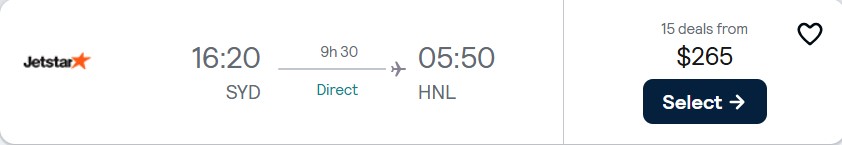 Non-stop, last minute flights from Sydney, Australia to Honolulu, Hawaii for only $265 AUD one-way with Jetstar. Flight deal ticket image.