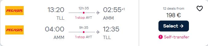 Click here to book this cheap flight deal. Cheap flights from Tallinn, Estonia to Amman, Jordan for only €198 roundtrip. Flight deal ticket image.