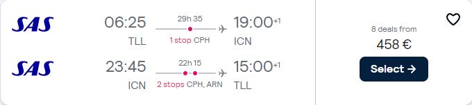 Cheap flights from Tallinn, Estonia to Seoul, South Korea for only €458 roundtrip with Scandinavian Airlines. Flight deal ticket image.