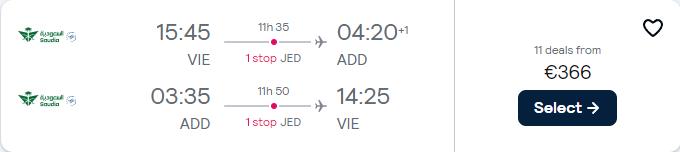 Click here to book this cheap flight deal. Cheap flights from Vienna, Austria to Addis Ababa, Ethiopia for only €366 roundtrip. Flight deal ticket image.
