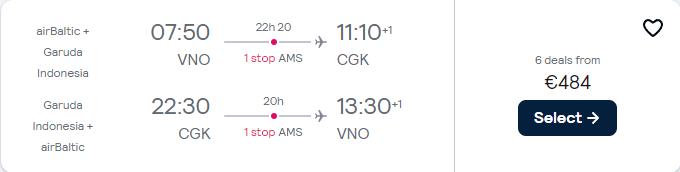 Cheap flights from Vilnius, Lithuania to Jakarta, Indonesia for only €484 roundtrip with Garuda Indonesia. Flight deal ticket image.