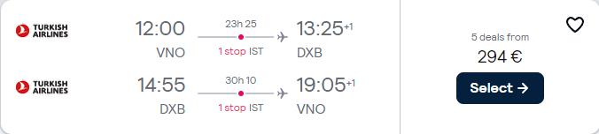 Click here to book this cheap flight deal. Cheap flights from Vilnius, Lithuania to Dubai, UAE for only €294 roundtrip with Turkish Airlines. Flight deal ticket image.