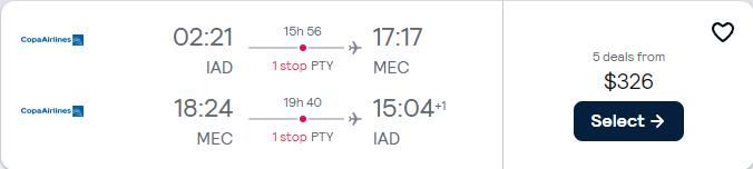 Click here to book this cheap flight deal. Cheap flights from Washington DC to Manta, Ecuador for only $326 roundtrip with Copa Airlines. Flight deal ticket image.