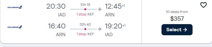Click here to book this cheap flight deal. Cheap flights from Washington DC to Scandinavian cities from only $357 roundtrip. Flight deal ticket image.