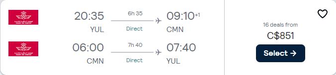 Non-stop flights from Montreal, Canada to Casablanca, Morocco for only $851 CAD roundtrip with Royal Air Maroc. Flight deal ticket image.