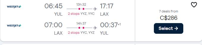 Summer flights from Montreal, Canada to Los Angeles, USA for only $277 CAD roundtrip. Flight deal ticket image.