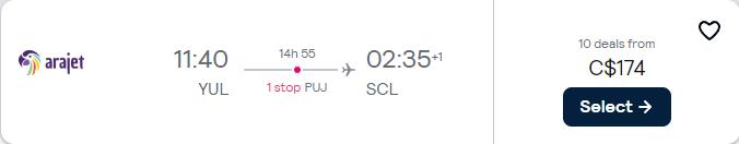 Cheap flights from Montreal, Canada to Santiago, Chile for only $174 CAD one-way. Flight deal ticket image.